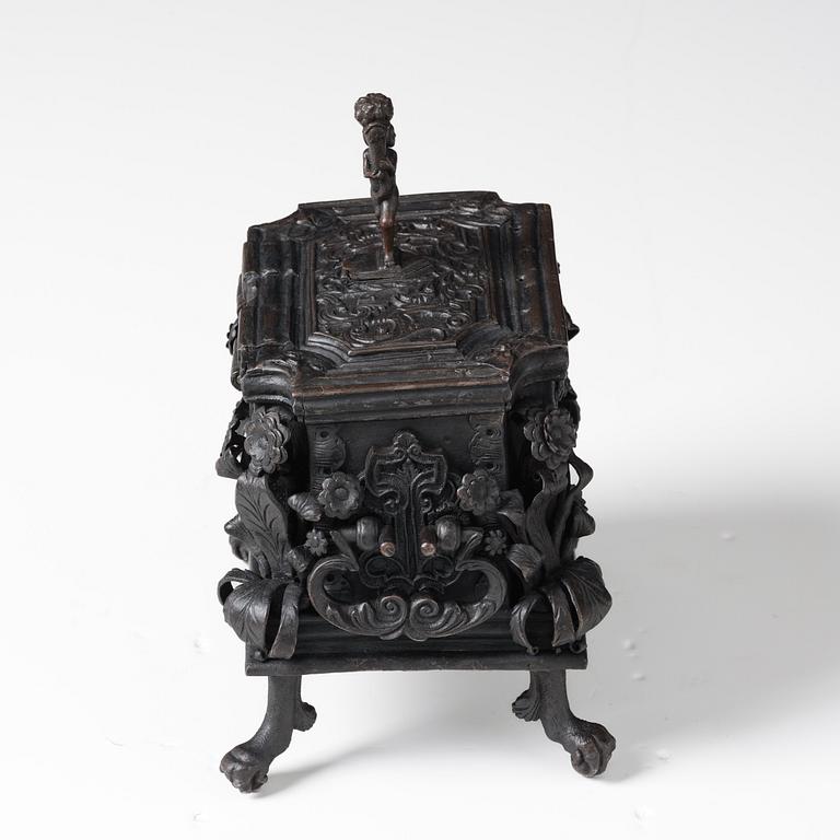 A South-German, presumably Nuremberg, Baroque iron and steel strongbox, later part of the 17th century.