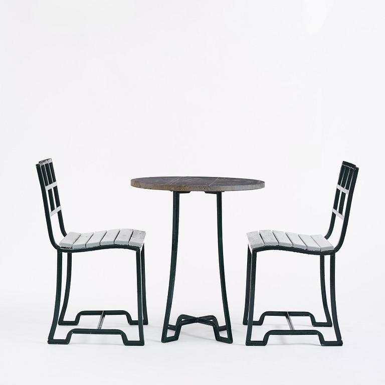 Carl Hörvik, trädgårdsmöbel, bord och ett par stolar, för Stadshotellet Båstad eller Lindgården, Stockholm ca 1927-29.