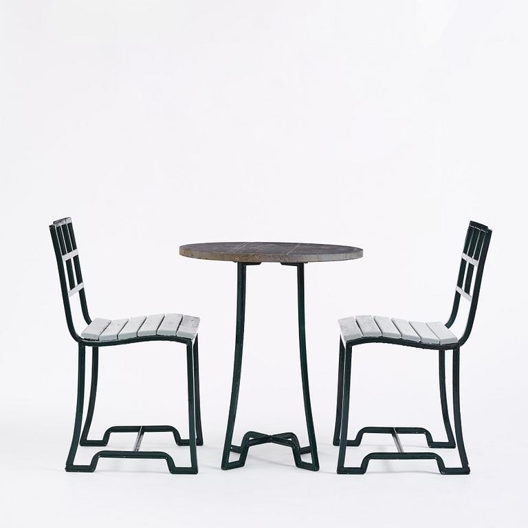 Carl Hörvik, a set of garden furniture, a table with two chairs, for 'Stadshotellet Båstad' or 'Lindgården', Stockholm, ca 1927-1929.