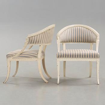 A pair of late Gustavian armchairs in the manner of Ephraim Ståhl, master in Stockholm 1794-1820.