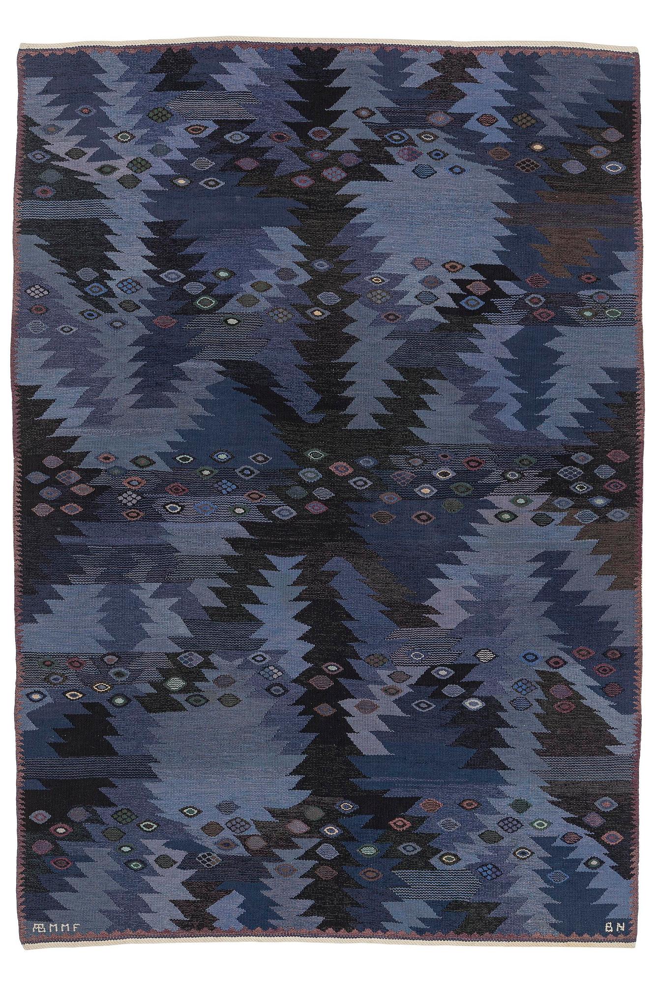 Barbro Nilsson, a carpet, 'Tånga blå', flat weave, c. 300 x 207 cm, signed AB MMF BN.