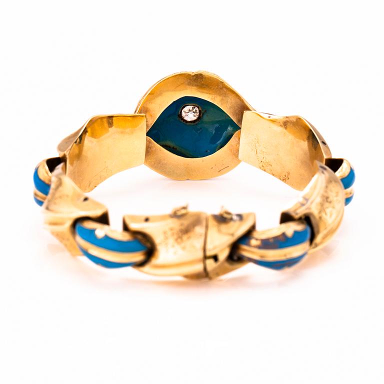 ARMBAND, guld, emalj, gammalslipad diamant och rosenslipade diamanter tot ca 0.4 ct. Ryssland 1800-tal.
