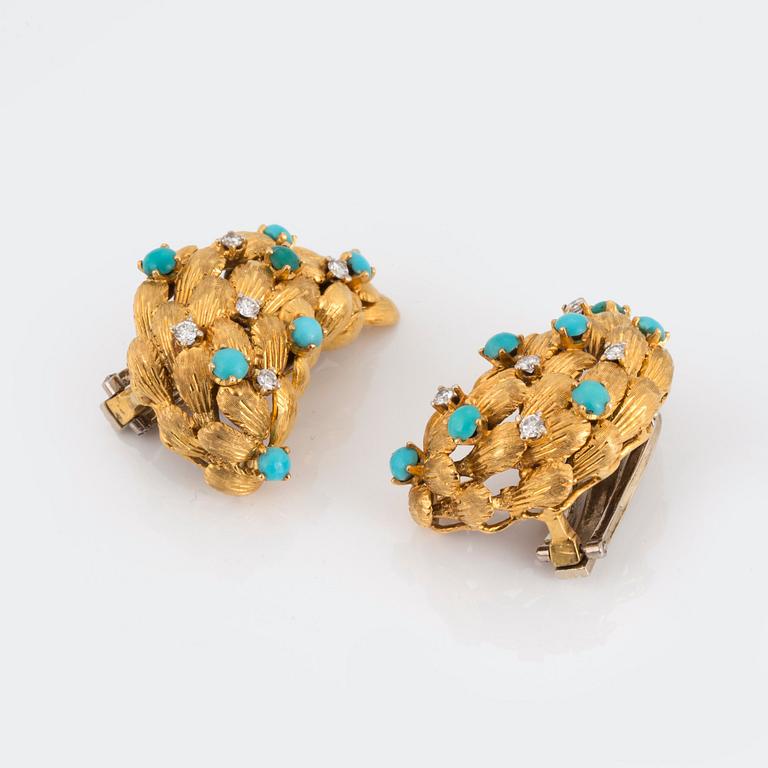 A PAIR OF EARRINGS set with turquoises and round brilliant-cut diamonds.