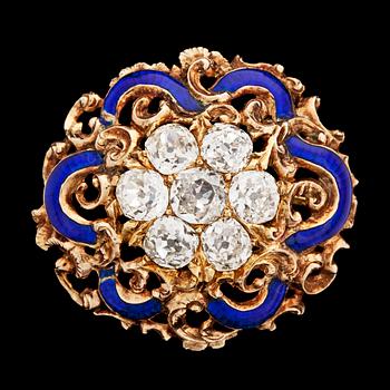 956. BROSCH, 7 antikslipade diamanter, tot. ca 2.50 ct med blått emaljarbete, 1800-talets mitt.