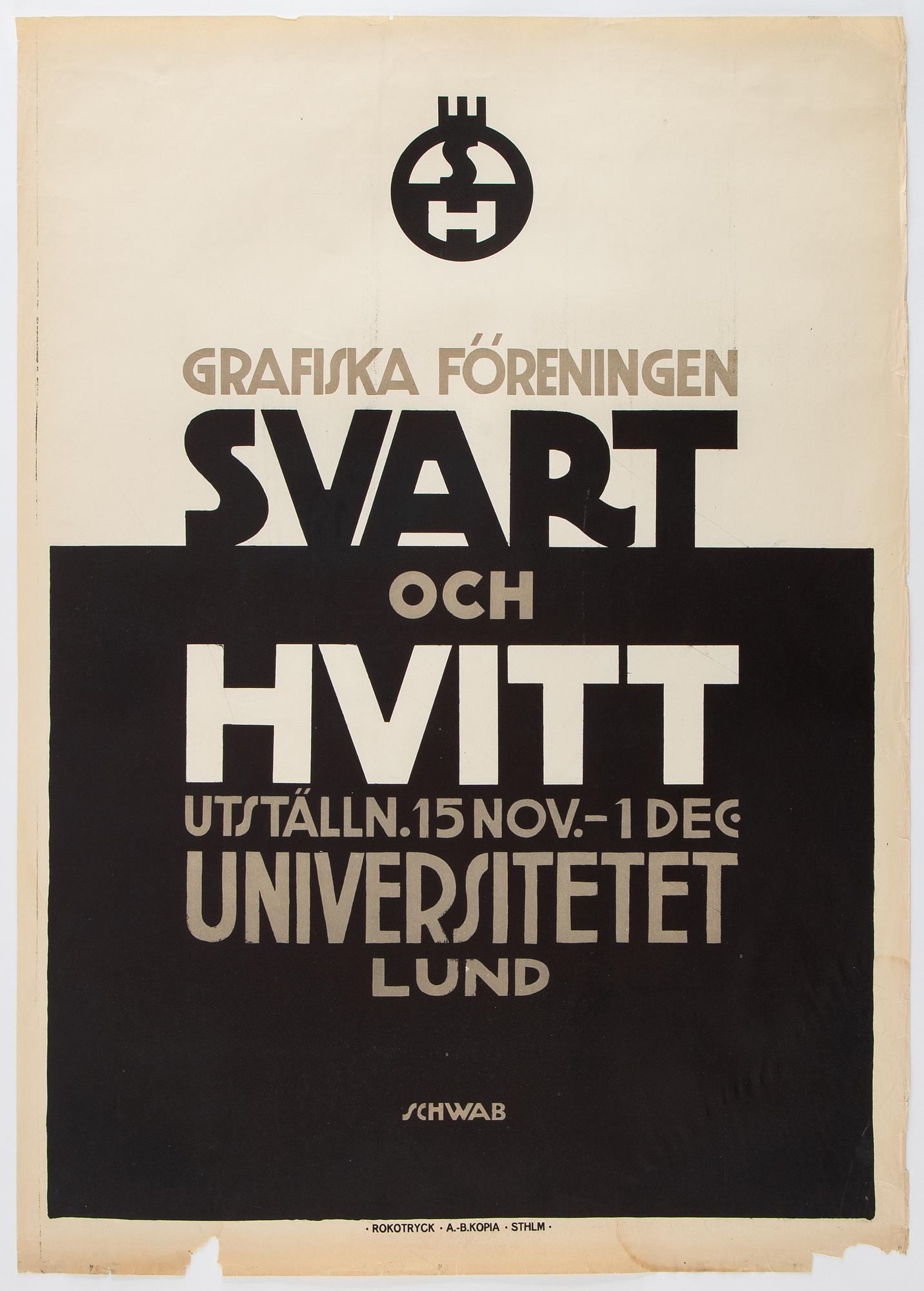 Eigil Schwab, a lithographic vintage poster, 'Svart och Hvitt', Rokotryck, A.-B. Kopia, Sthlm.