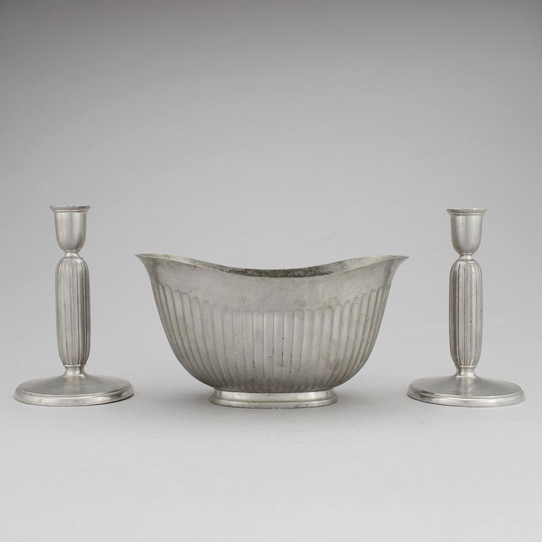 One pewter bowl and a pair of candleholders by Just Andersen, Denmark.