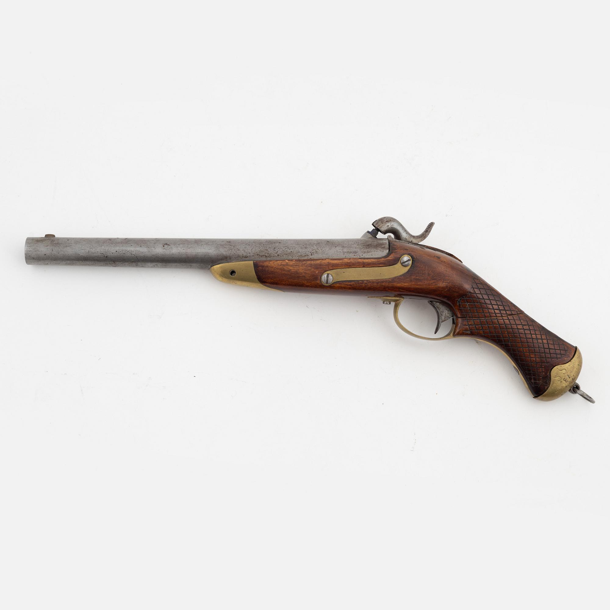 A Swedish smooth bored percussion pistol, 1850 pattern.