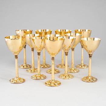 A set of twelve (6+6) goblets, gilt metal, Miguel Berrocal, Spain 20th century.