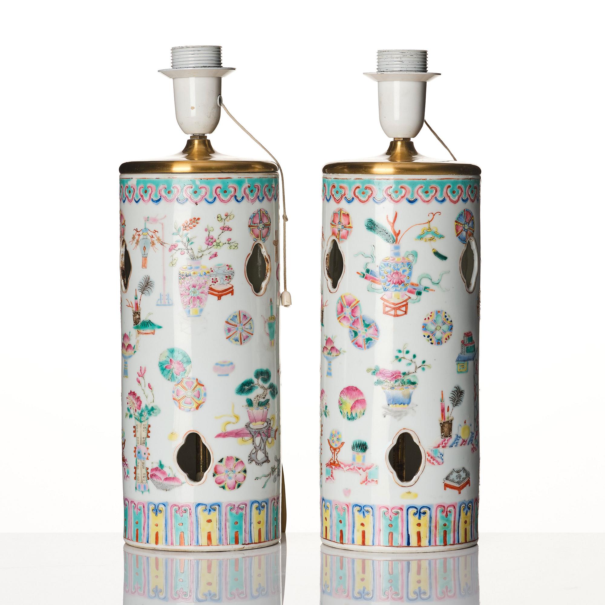 A pair of Chinese famille rose lanterns/hatstands mounted as lamps, Qing dynasty, 19th Century.