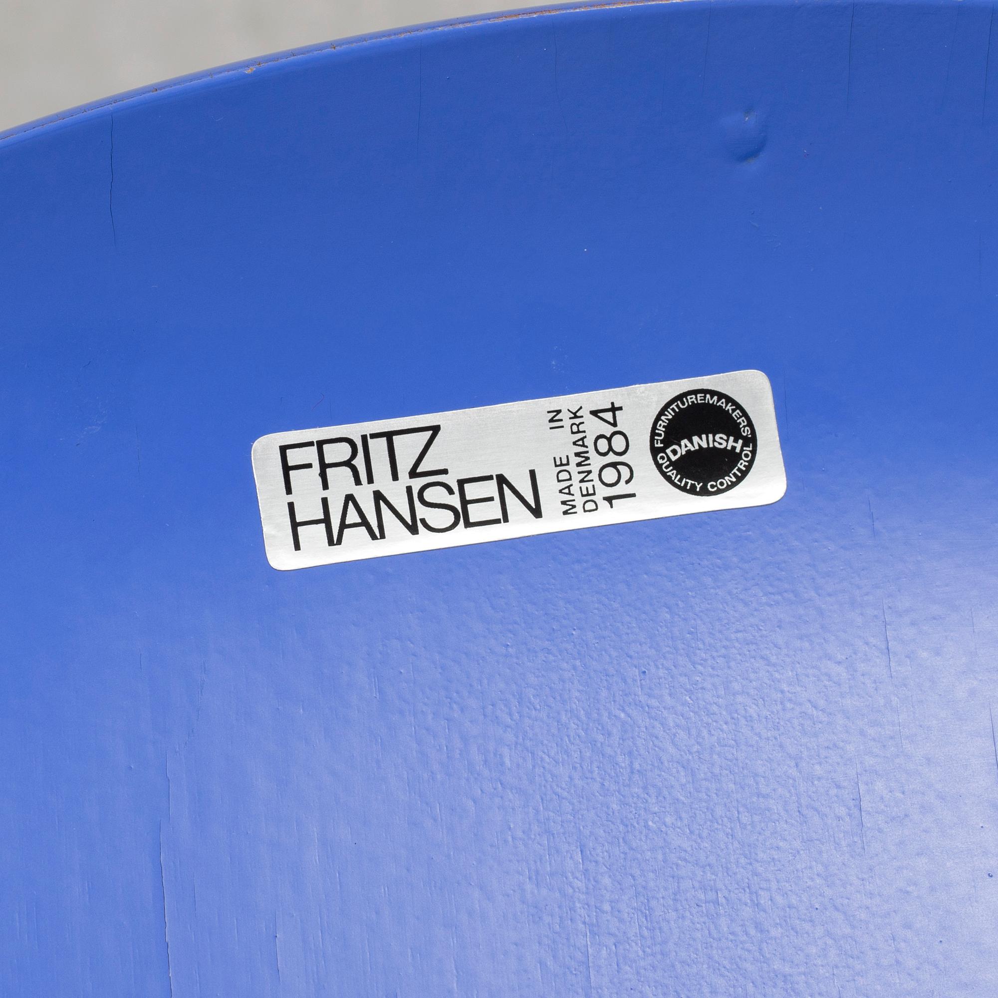 A set of four 1980s Arne Jacobsen "Sjuan" from Fritz Hansen.