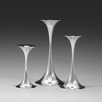 A set of three Tapio Wirkkala silver candlesticks Kultakeskus, Finland 1978.