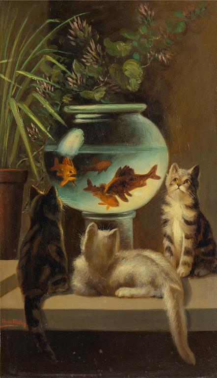 English artist, 19th century, Kittens by a goldfish bowl.