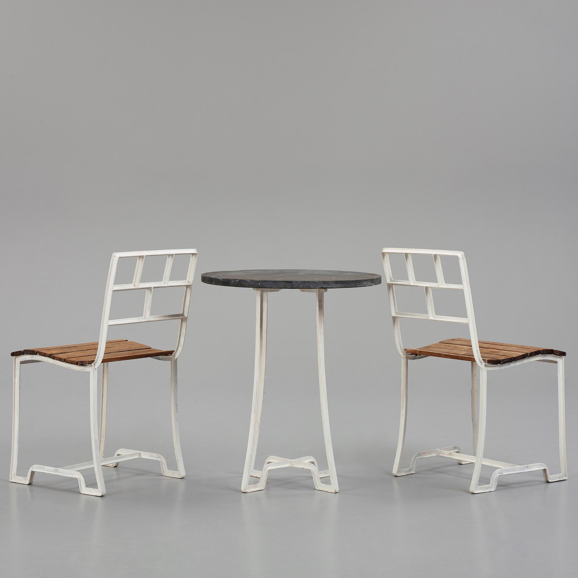 Carl Hörvik, a set of garden furniture, table with 2 chairs, for 'Stadshotellet Båstad' or 'Lindgården', Stockholm, ca 1927-1929.