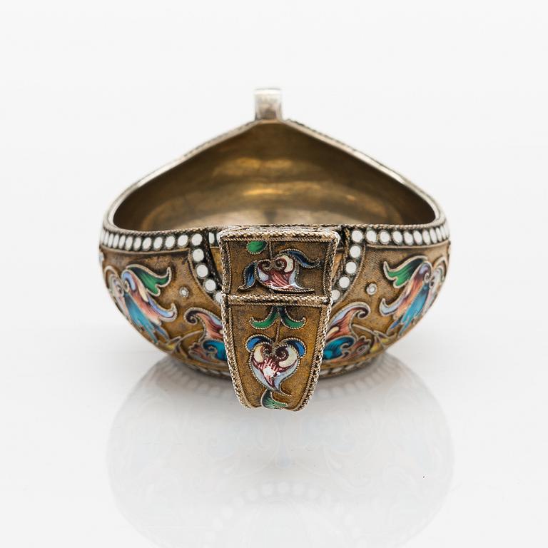 A Russian shaded cloisonné enamelled and gilt silver kovsh, mark of Vasily Andreyev, Moscow 1899-1908.