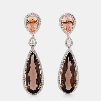 1279. A pair of smoky quartz circa 24.00 cts, morganite circa 5.00 cts and diamonds circa 1.78 ct, earrings.
