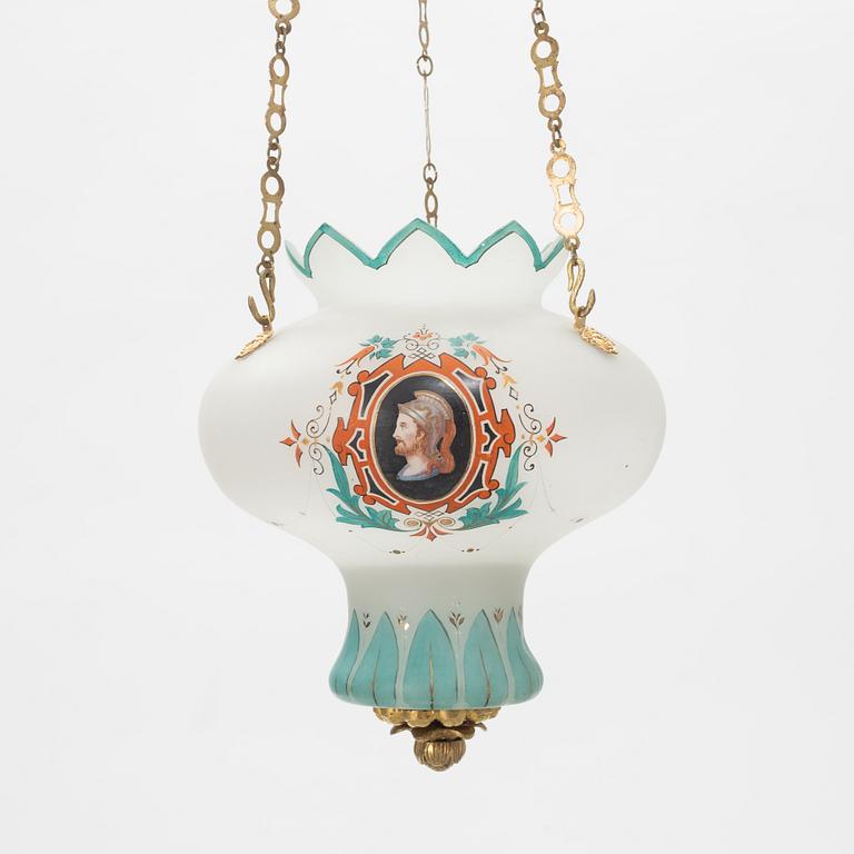 Ampel, bemålat glas, senempire, 1800-talets mitt.