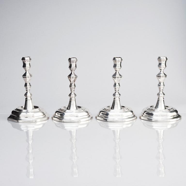 Four German early 18th century silver candlesticks, Stuttgart.