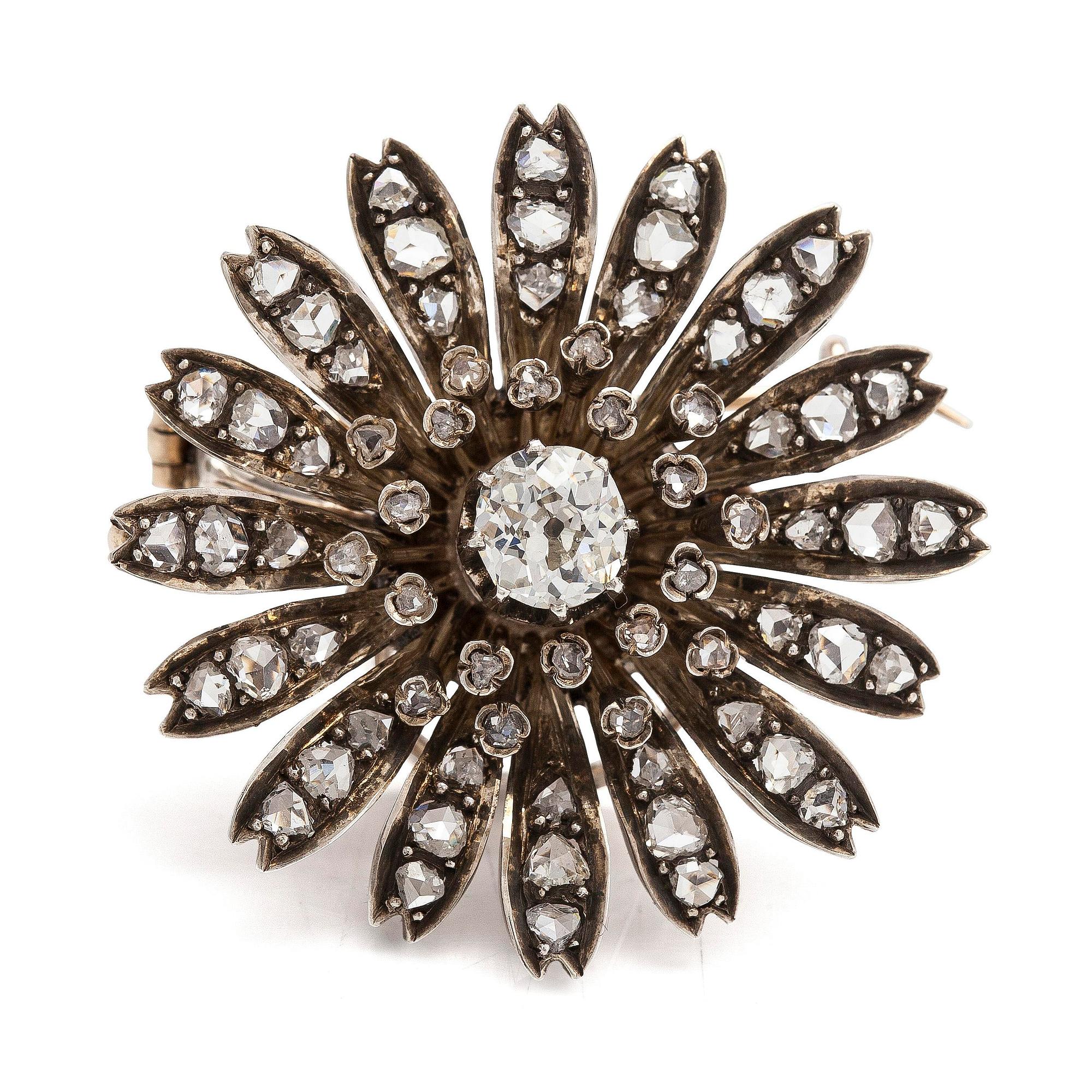 Brosch/hårsmycke/hänge, 18K guld/silver och gammalslipade diamanter, Franska stämplar, 1900-talets början.