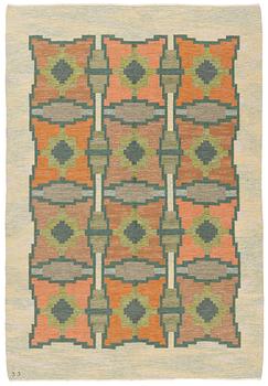 472. Judith Johansson, a carpet, "Pors" flat weave, approximately 290 x 199 cm, signed JJ.