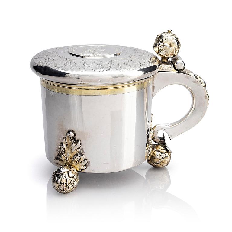A Swedish 17th century parcel-gilt silver tankard, mark of Erik Månsson Schmidt, Stockholm (active 1675-1686).