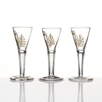A set of six glasses and a bottle, Sweden, 18th century with King Gustavus IIIs monogram.