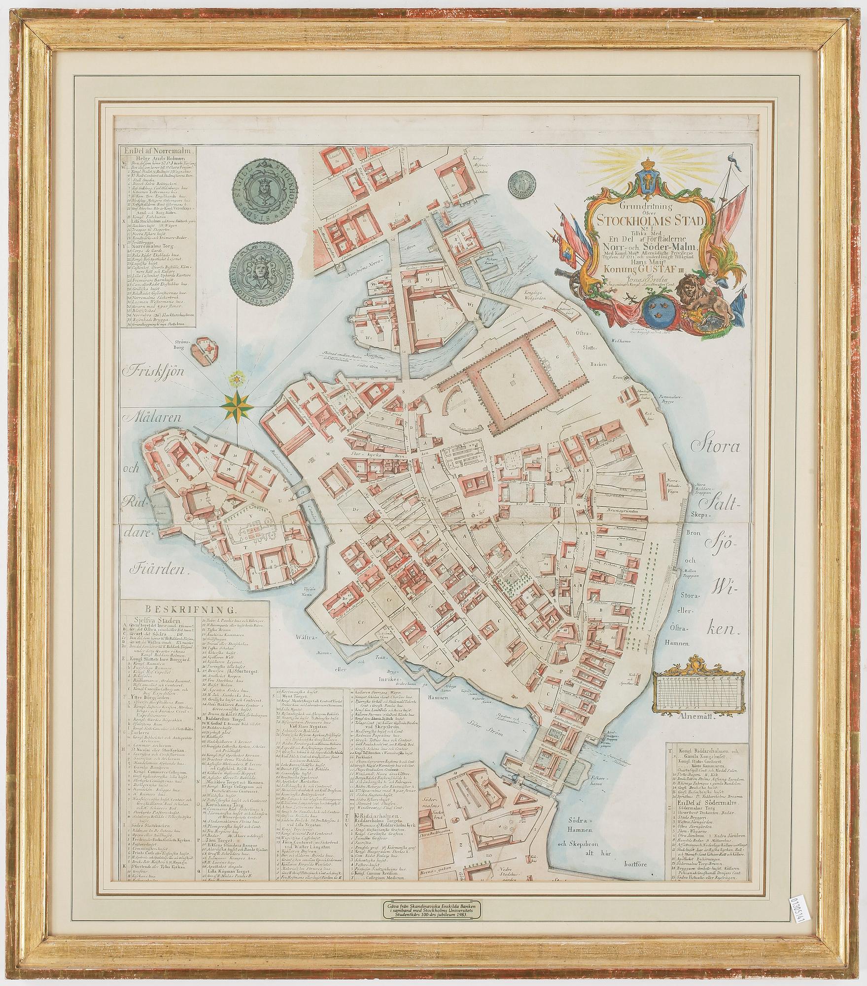 KARTA, kolorerad etsning, "Grundritning öfver Stockholms stad...", Jonas Brolin, utgiven 1771.