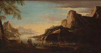 Claude Joseph Vernet, After, Mountain landscape with figures by the water.