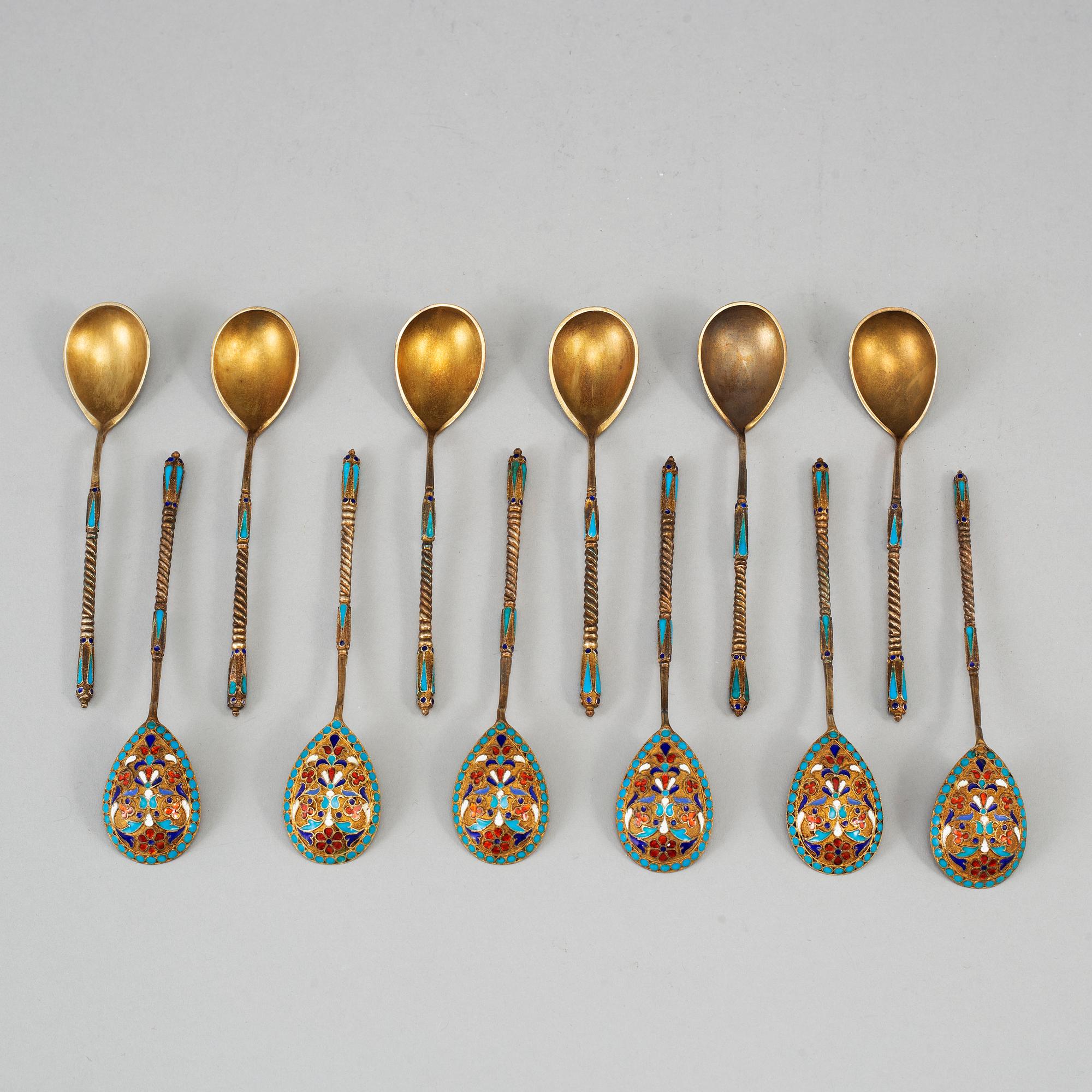 A set of twelve 19th century silver-gilt and cloisonné enameled tea-spoons, marked Gustav Klingert, Moscow 1880's.