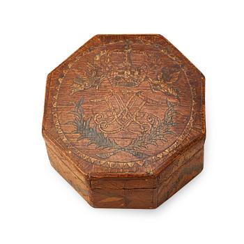 1696. A Swedish 18th century straw-work box with cover, with the monogram of king Adolf Fredrik.