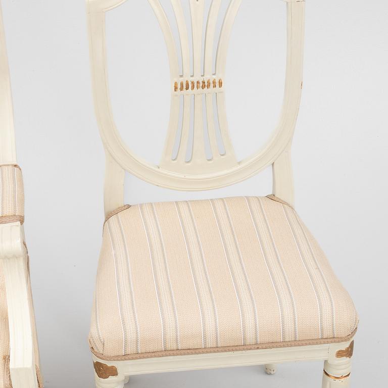 A pair of Gustavian chair and an armchair, Sweden, 19th century.