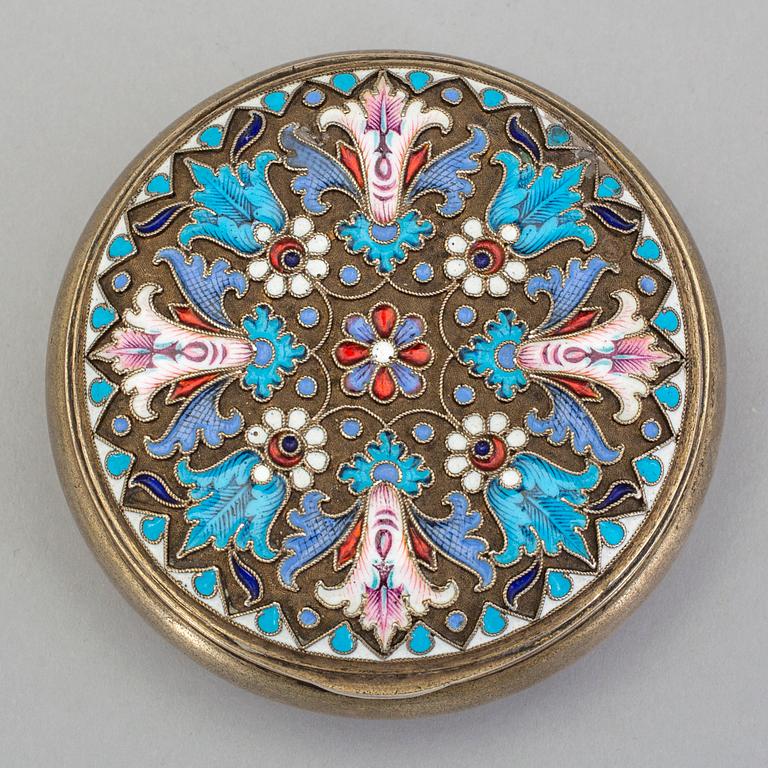 A silver and cloisonné enamel box hallmarked Fabergé, Moscow, Russia, late 19th Century.