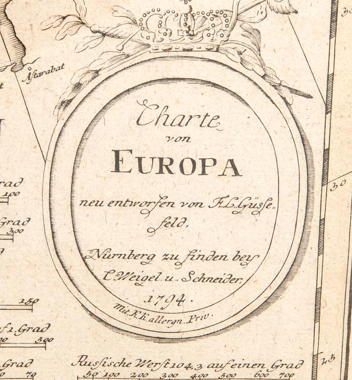 Franz Ludwig Güssefeld,  karta Europa, handkolorerat kopparstick, Nürnberg 1794.