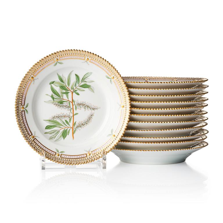 A set of 12 Royal Copenhagen 'Flora Danica' dishes, Denmark, 20th century.