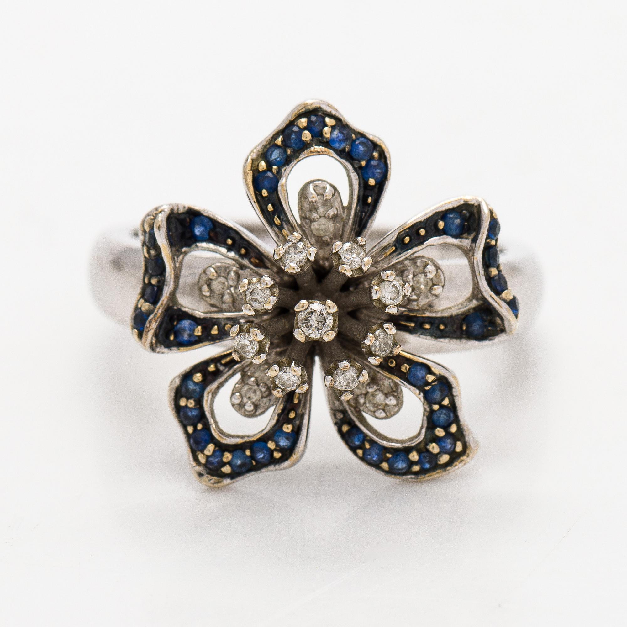 Ring, small diamonds and sapphires, 14K white gold.