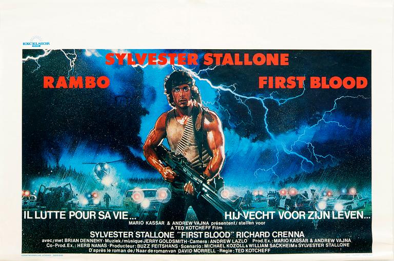 Filmaffisch Sylvester Stallone "Rambo First blood" 1982 Verantwoordelijke uitgever Exelsior.