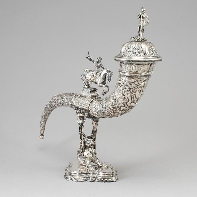 A German silver drinking horn, JD Schleissner & Söhne, Hanau around 1900.