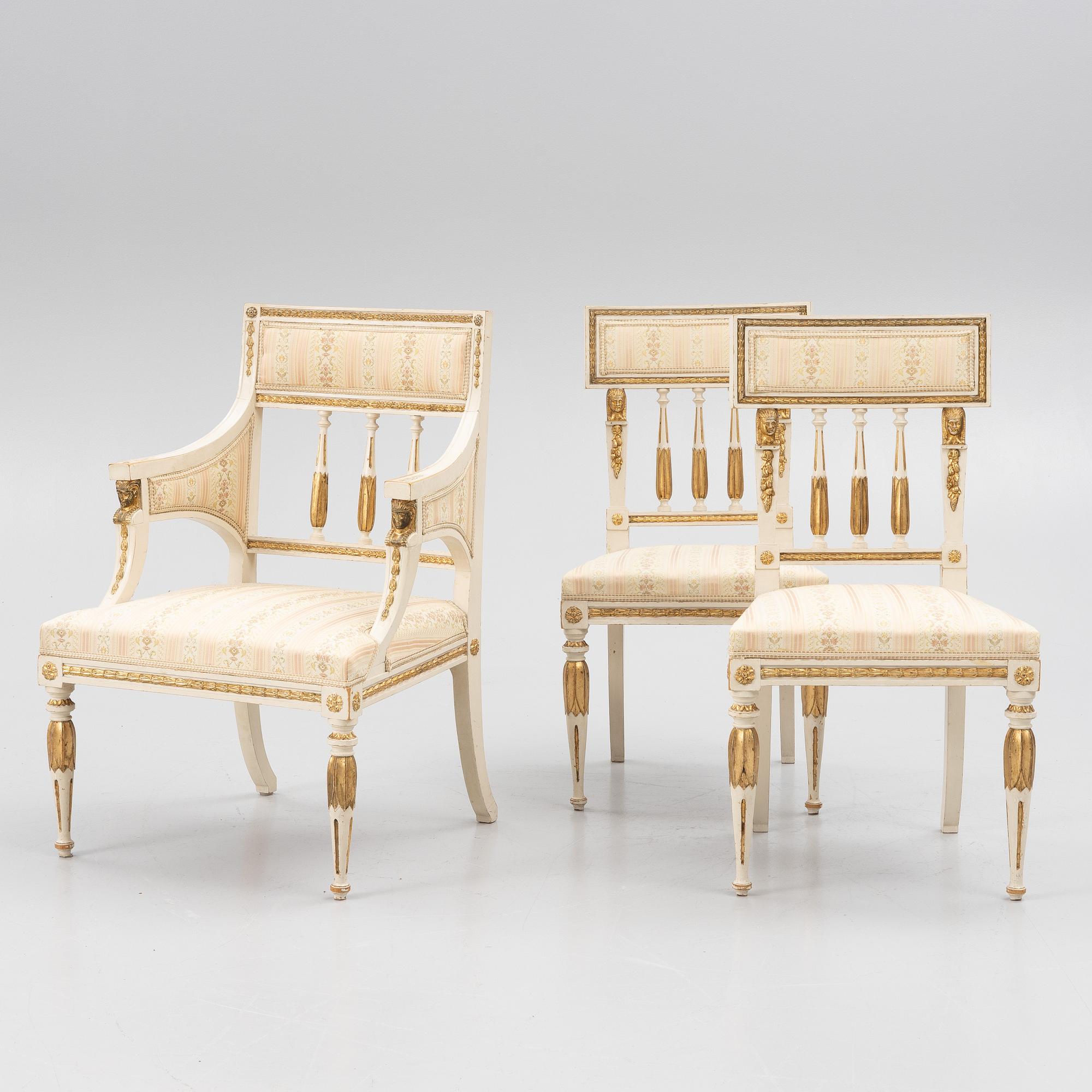 A pair of chairs and an armchair, late Gustavian style, early 20th century.