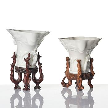 A pair of blanc de chine rhinoceros libation cups, Qing dynasty, Kangxi (1662-1722).