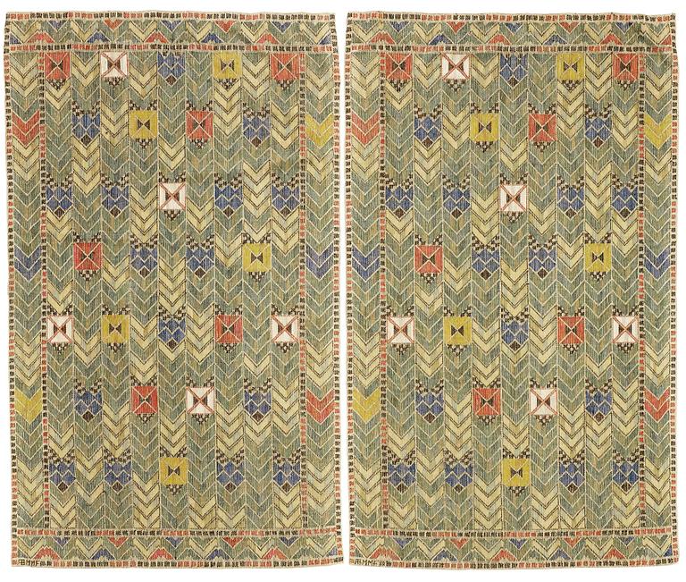 Märta Måås-Fjetterström, DRAPES, 1 pair, "Rågen", flat weave, ca 213 x 127,5 and 212,5 x 126,5 cm, both signed AB MMF.