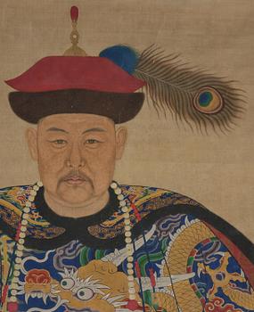 Förfadersporträtt, Qingdynastin, 1800-tal. Med signatur.