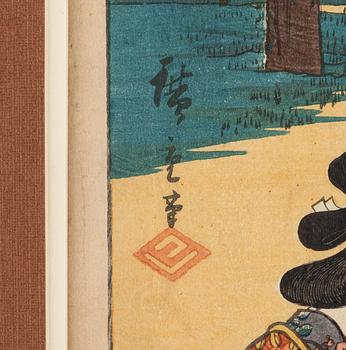 Utagawa Kunisada and Utagawa Hiroshige, Two Brushes Tōkaidō, 'Fujisawa: Terute-hime and the Gateway to Yūgyō-ji Temple'.