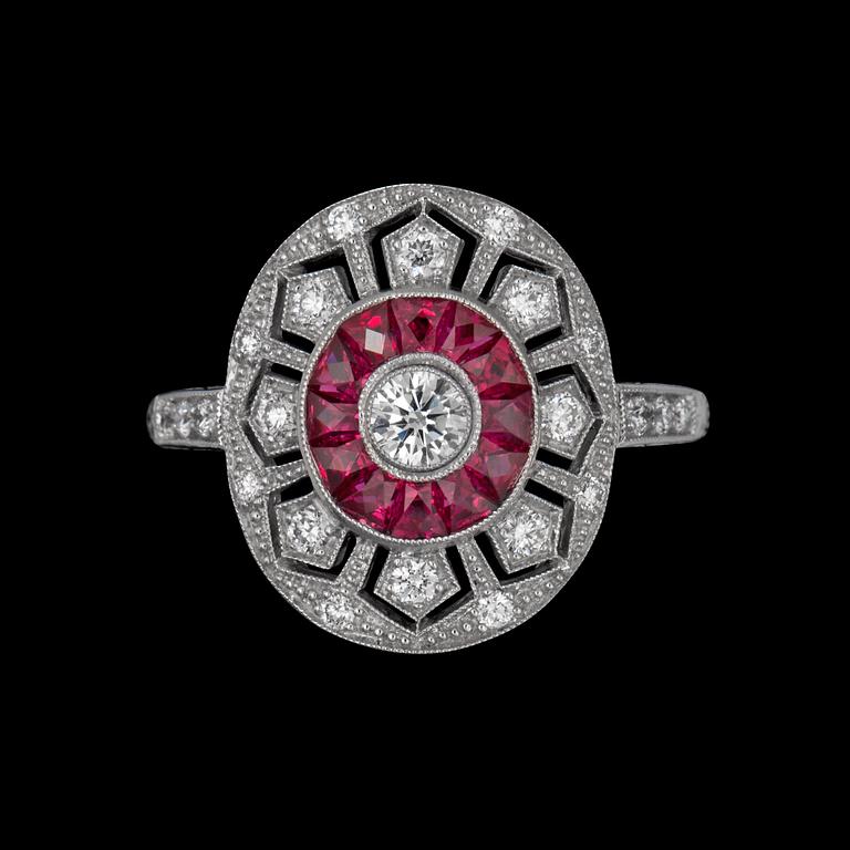 RING, diamanter tot. 0.38 ct. samt carréslipade rubiner tot. 0.50 ct.