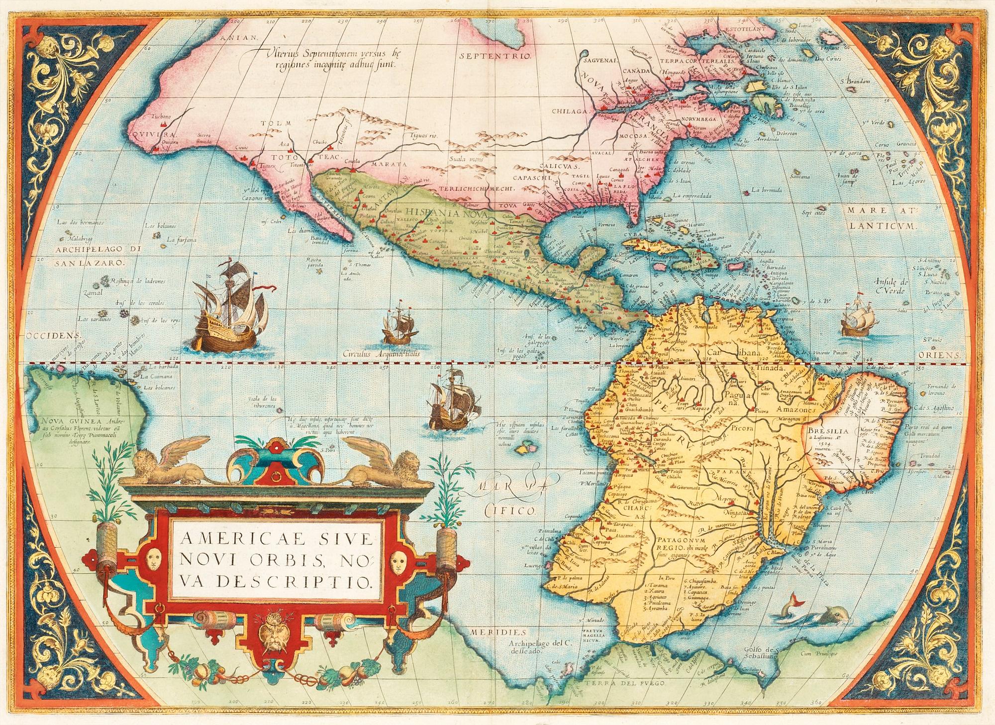 Abraham Ortelius, Ur: Theatrum Orbis Terrarum" (6). Världskarta, Europa, Asien, Afrika, Amerika samt porträtt. 1579.