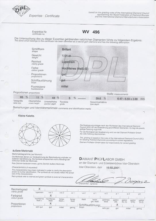 RING, 18 k guld, briljant ca 1.02 ct. River.