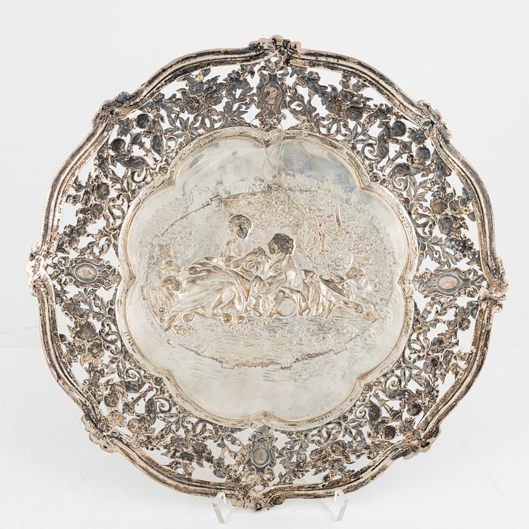Two silver platters, presumably Wilhelm Weinranck, Hanau, and mock marks, Hanau, Germany, late 19th century.