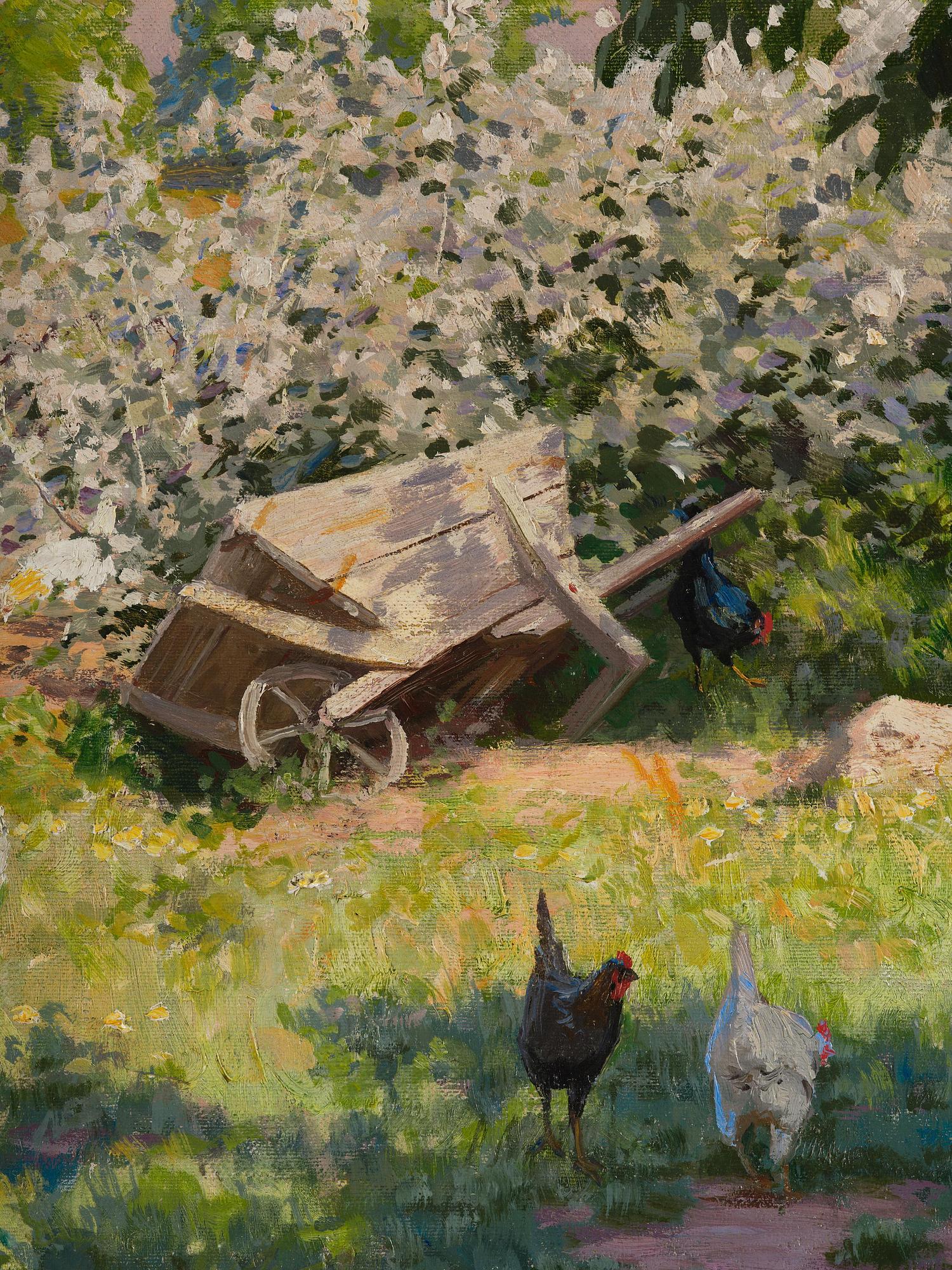Johan Krouthén, Summer landscape with pecking hens and a wheelbarrow.