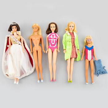 Barbiedockor, 5 st, Bl a "Fun Time Barbie" & "Quick Curl Misss America", Mattel, 1970-tal.
