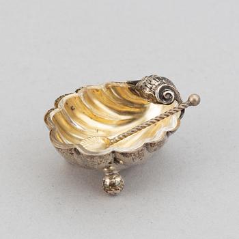 A set of six German parcel-gilt silver 800 salt cellars in fitted case.