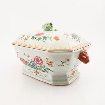 A Chinese famille rose tureen with cover and plate later part of the 18th century.