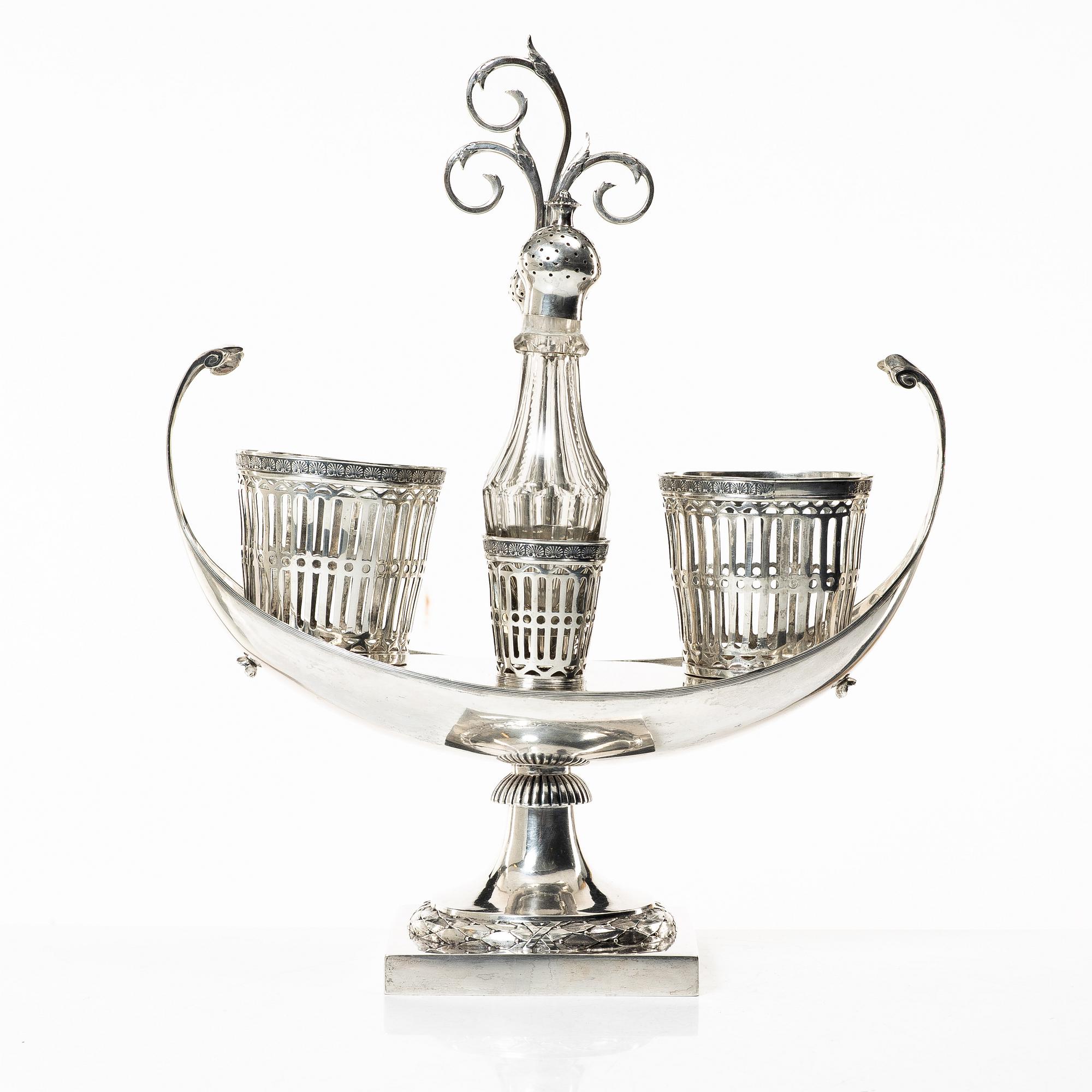 A Swedish late Gustavian silver and glass cruet-set, mark of Pehr Zethelius, Stockholm 1798.